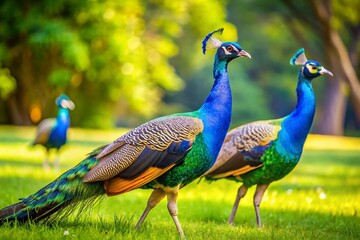 Obraz premium Peafowl Stroll in Lush Park - Detailed Close-Up