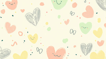 A soft yellow background with hand-drawn abstract hearts, polka dots, and small smiley faces in pastel pink and green, creating a cheerful and playful atmosphere, perfect for cute designs.