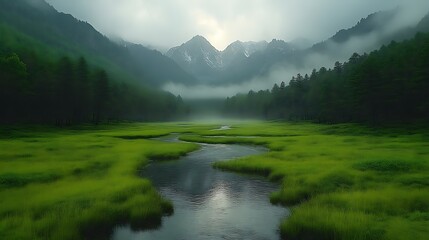 Obraz premium Misty mountain valley with green meadow and stream.