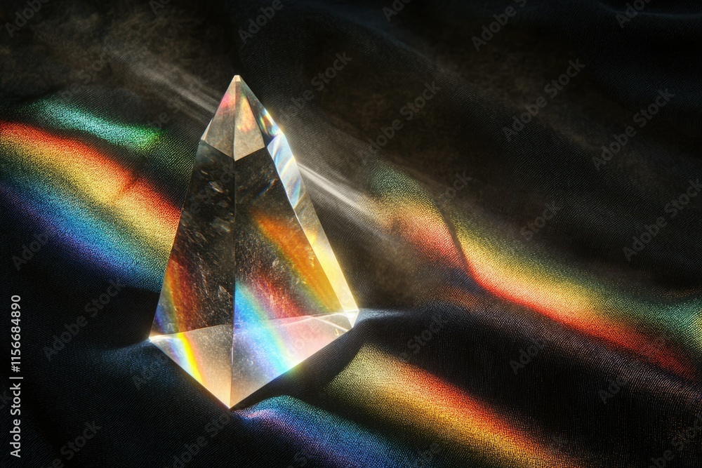 Poster a crystal pyramid refracts light, creating vibrant rainbow patterns on a dark fabric surface.