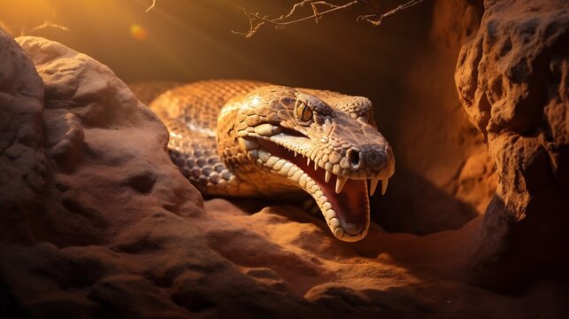 Powerful African Rock Python Emerging from the Shadows of a Rugged Cave Illuminated by Dramatic Lighting that Highlights Its Primal Beauty and Predatory Instincts