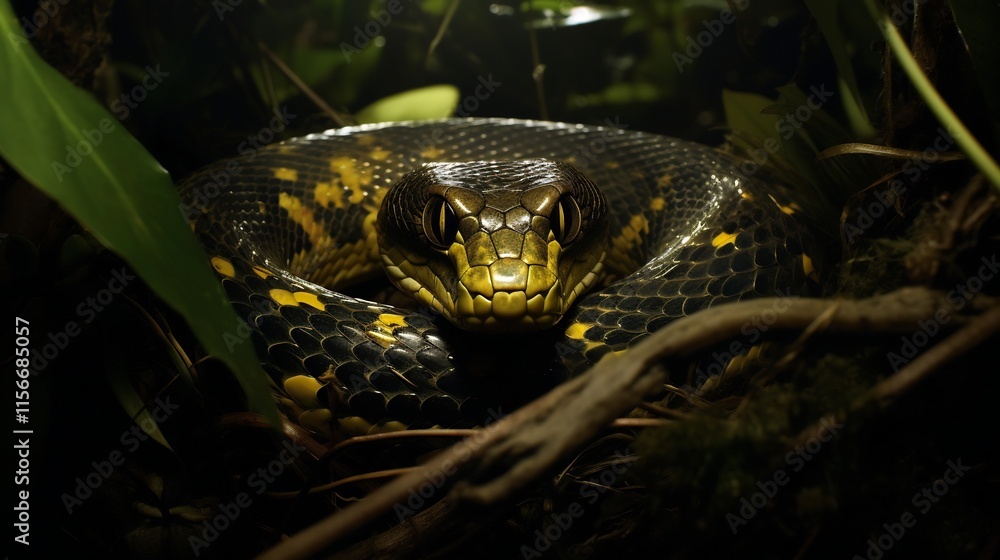 Poster a close up image of a mangrove snake tightly coiled around a tree root in a lush swampy forest envir