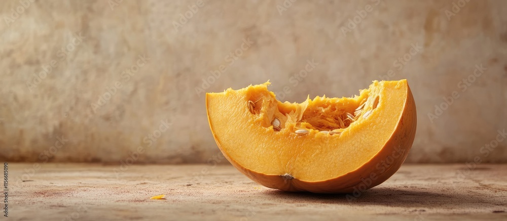 Poster autumn pumpkin slice on rustic background with room for custom text and decor elements for seasonal 