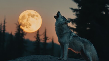 Wolf howling at large full moon in forest at dusk.