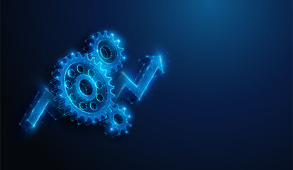 Abstract illustration of low poly gears over arrow up symbol. Geometric background depicting engineering development and manufacturing industry market growth financial concept by wireframe mesh