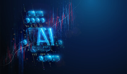Abstract illustration of low poly AI cpu chip over stock market graph. Geometric background depicting artificial intelligence technology computing hardware industry growth concept by wireframe mesh