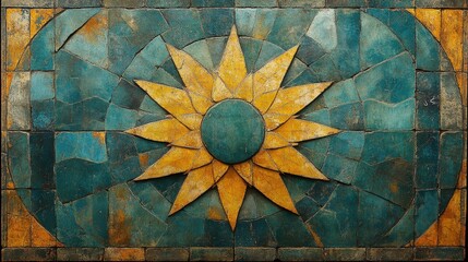 Antique turquoise and gold mosaic tile artwork featuring a sunburst design.