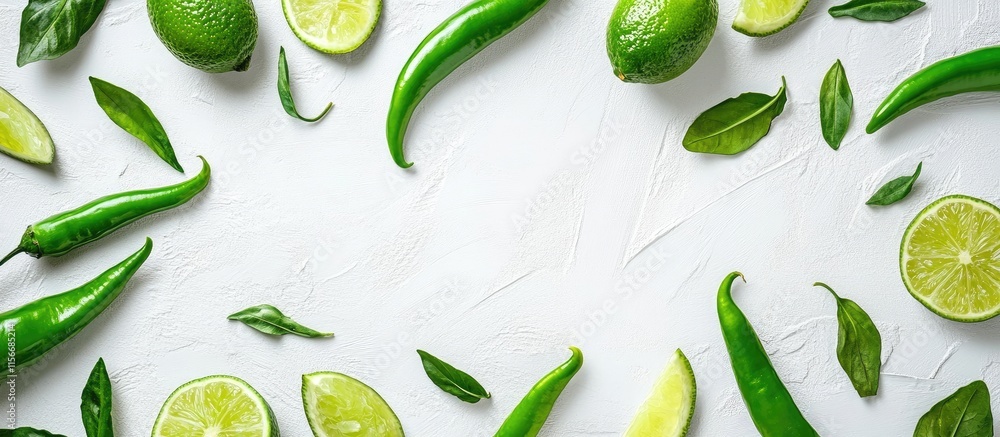 Aufkleber fresh green chili peppers and lime slices arranged on a white background with empty space for text o