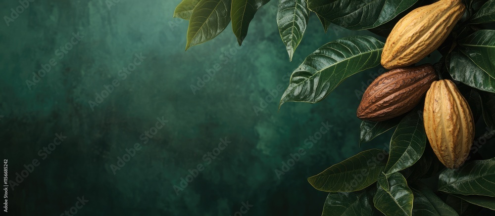 Aufkleber ripe cocoa pods hanging on a lush cocoa tree surrounded by vibrant green leaves with ample space for