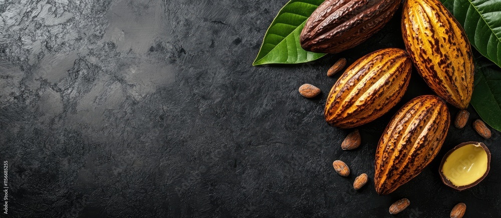 Poster ripe cocoa pods and cocoa beans arranged on a textured surface with leaves and space for text or adv