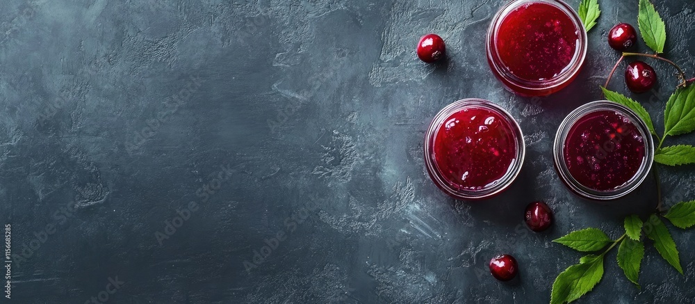 Poster elderberry jelly in jars surrounded by fresh berries and leaves on a textured background with space 