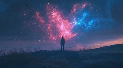 Fototapeta premium Cosmic Dream: A Solitary Figure Under a Starry Sky