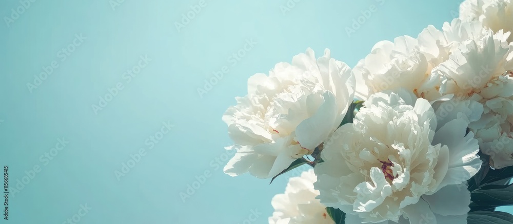 Poster elegant peony flowers on a serene blue background with ample negative space for creative text placem