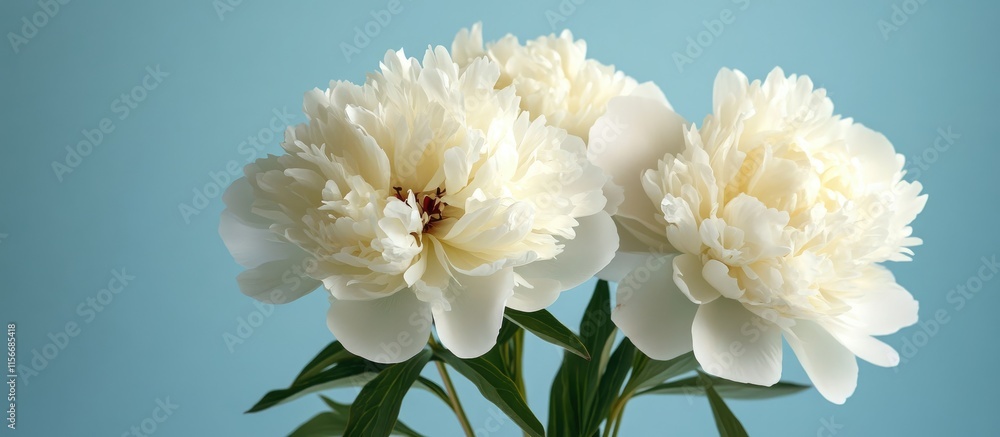 Poster elegant white peony flowers against a soft blue backdrop creating a serene atmosphere with space for