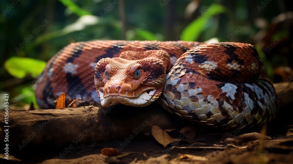 Poster closeup view of a gaboon viper a venomous snake species lying on the forest floor amid its camouflag
