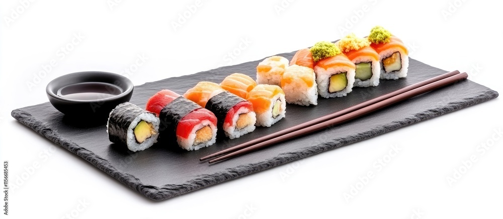 Poster colorful sushi rolls arranged on a slate platter with soy sauce and chopsticks creating an inviting 