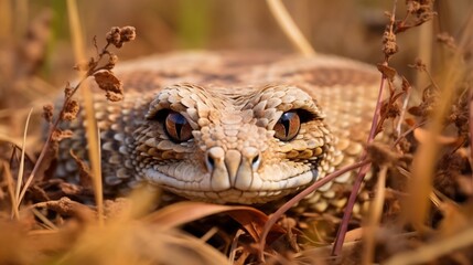 Venomous puff adder snake blending seamlessly into the dry yellow grassland of its natural habitat  The reptile s camouflage patterns allow it to remain hidden and ambush its prey effectively