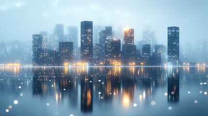 Fototapeta premium A misty city skyline reflected in water, illuminated by soft lights at dusk.