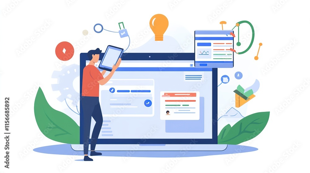 Poster data search technology search engine optimization seo concept. man hand using mobile phone and lapto