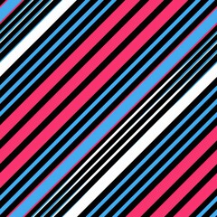 Obraz premium A vibrant pattern of diagonal stripes in pink, blue, black, and white, creating a dynamic visual effect.