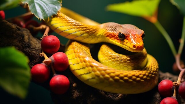 Golden tree snake carefully climbing along a vine within the lush verdant foliage of a tropical rainforest environment  The snake s vibrant scales blend seamlessly with the surrounding greenery