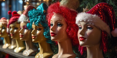 Fototapeta premium Christmas Toy Store. Vibrant mannequin heads designed for festive holiday shop decorations. Perfect for enhancing the cheerful atmosphere of the season!