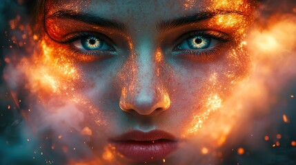 Naklejka premium Fiery Woman: A Mystical Portrait of Power and Beauty