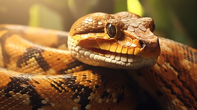 Close up view of a reticulated python shedding its old skin revealing its intricate scale patterns under the soft diffused natural lighting in a studio setting