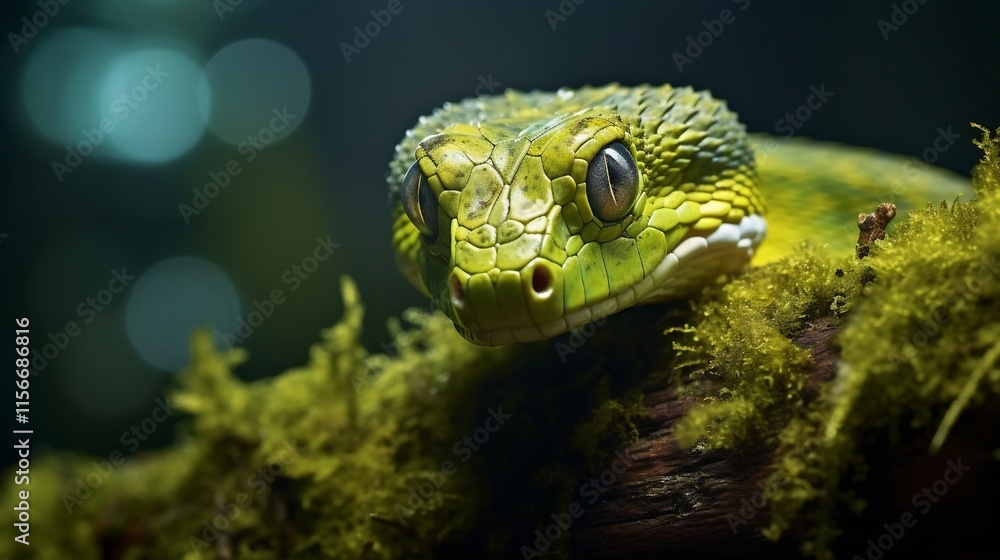 Poster venomous bush viper coiled around a moss covered branch in close up view showcasing the reptile s in