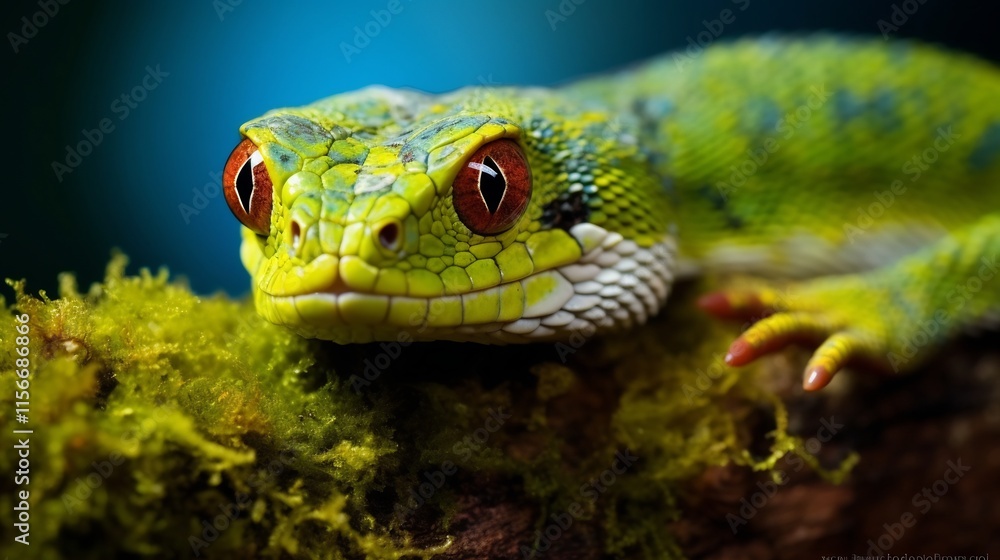 Poster closeup view of a green bush viper coiled around a moss covered tree branch in a natural forest envi