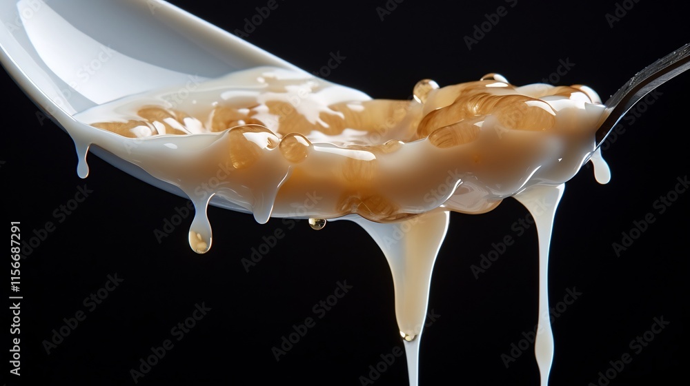 Poster extreme close up of a spoonful of cereal with milk dripping off the edge capturing the textures and 