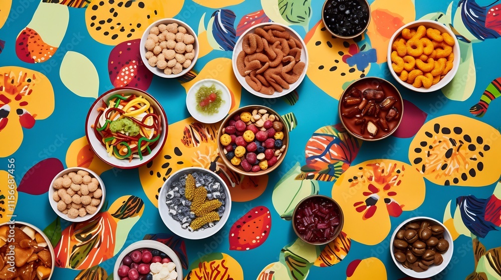 Poster colorful and playful arrangement of various cereal types and flavors showcased on a patterned tablec