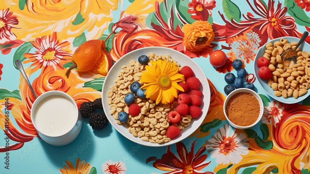 Aufkleber diverse array of colorful cereal types and flavors arranged in a playful appetizing composition on a