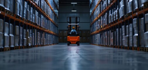 Warehouse scene with a forklift navigating between rows of shelves stacked with barrels.