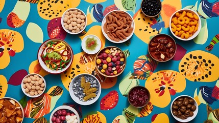 Colorful and playful arrangement of various cereal types and flavors showcased on a patterned tablecloth creating a modern and minimalist still life composition