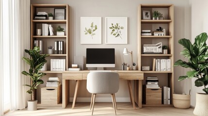 Modern Home Office with Wooden Desk, Bookshelves, Computer Design scandinavian interior
