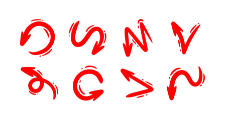 Hand drawn red line arrows set. Vector curvy and wavy arrows isolated on white background.