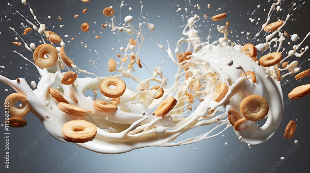 Poster captivating photograph showcasing a mesmerizing milk swirl with delicate floating cereal pieces crea