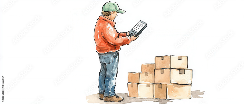Poster inventory management order planning. a person checks inventory on a device while standing near stack