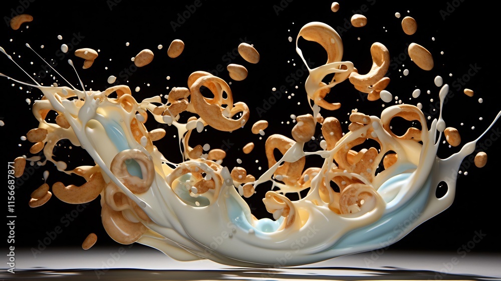 Poster enchanting milk swirl with floating cereal pieces in stunning high photograph a mesmerizing and visu