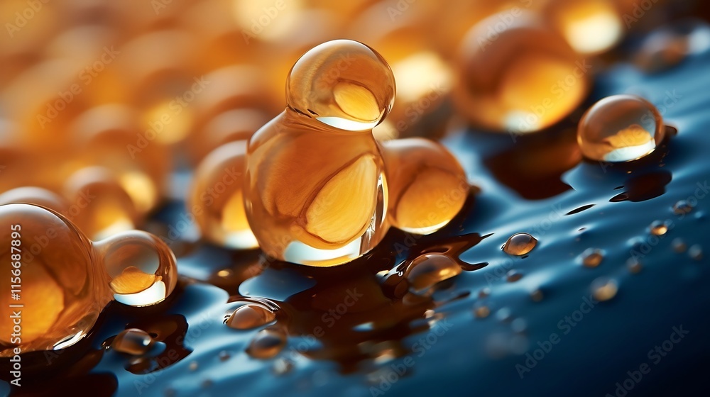 Poster captivating macro shot of cereal grains with glistening dew drops of milk on a reflective minimalist