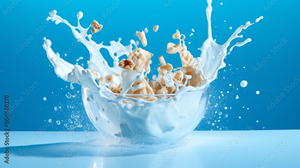 Poster vibrant and dynamic splash effect of cereal and milk in a glass bowl set against a bright blue backg