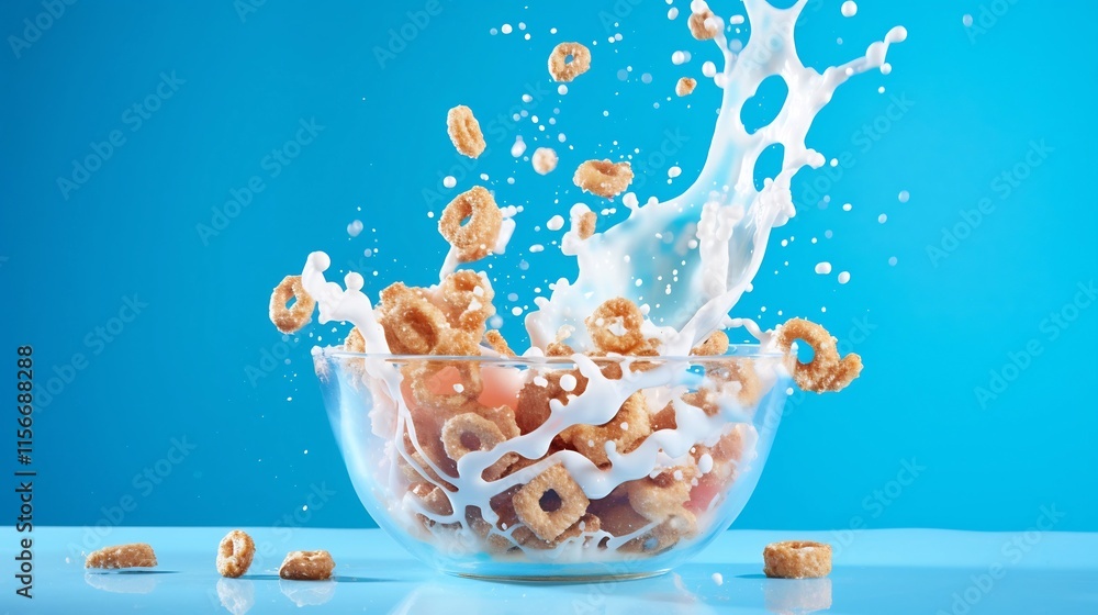 Poster captivating image showcasing the dynamic splash of cereal and milk in a glass bowl set against a vib