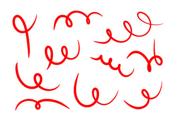 Doodle red spring and spiral set, hand drawn coil icons. Vector flexible lines for your design
