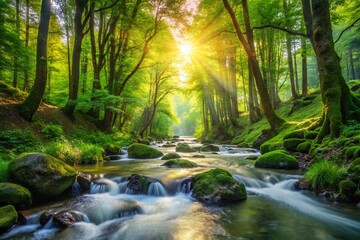 Obraz premium Sunlit Forest Stream, Lush Green Woods, Flowing Water, Nature Photography