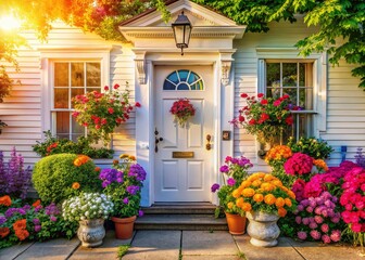Naklejka premium Sunlit Vintage Home with Colorful Flowers - AI Photo