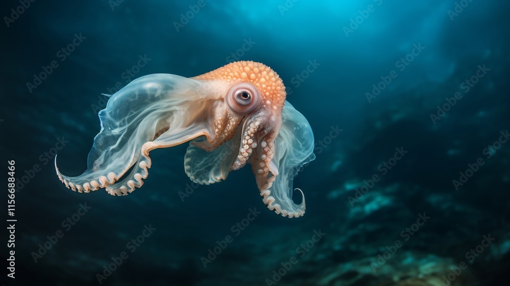 Poster Mesmerizing Dumbo Octopus Hovering Gracefully with Ear like Fins in the Mysterious and Captivating Deep Ocean Environment