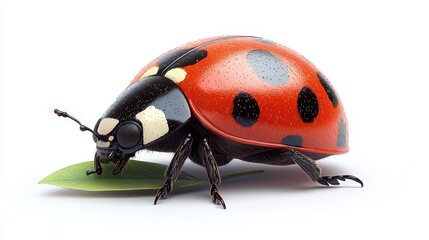 Fototapeta premium Close-up of a ladybug on a green leaf, isolated on white background.