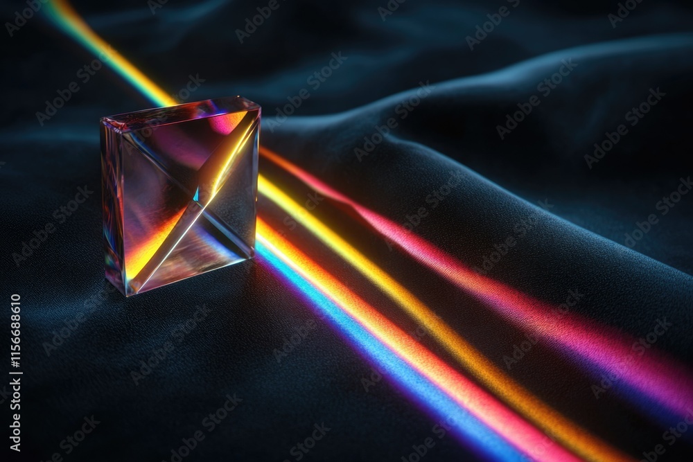 Poster a square prism refracts light, creating a vibrant rainbow spectrum on a dark surface.