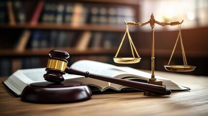 Wooden table with open book, gavel, scales of Law, legal judgement, legistration